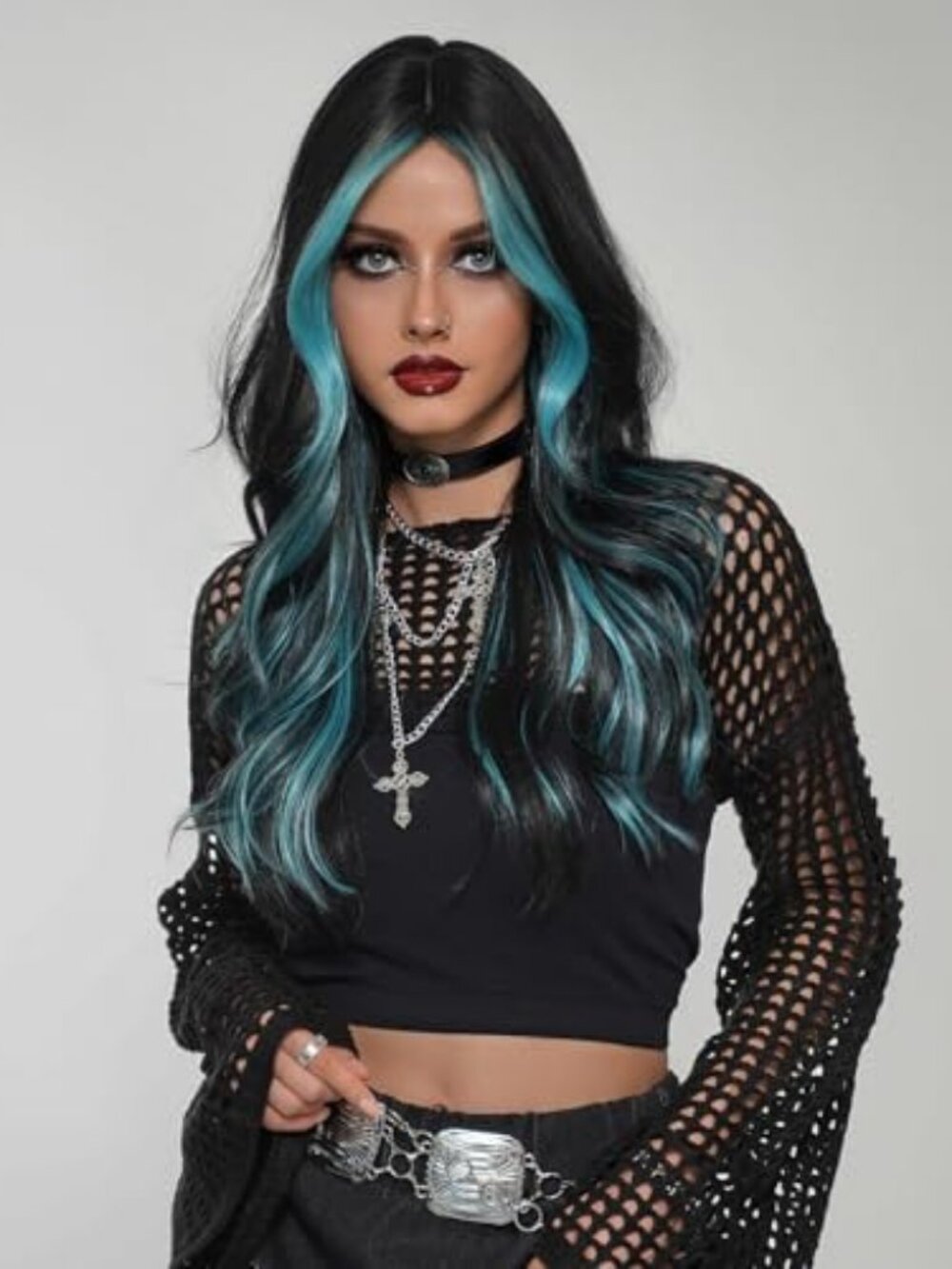 Black Wigs Teal Highlight Long Wavy Wig with Curtain bang 26 Inch Ombre Blue